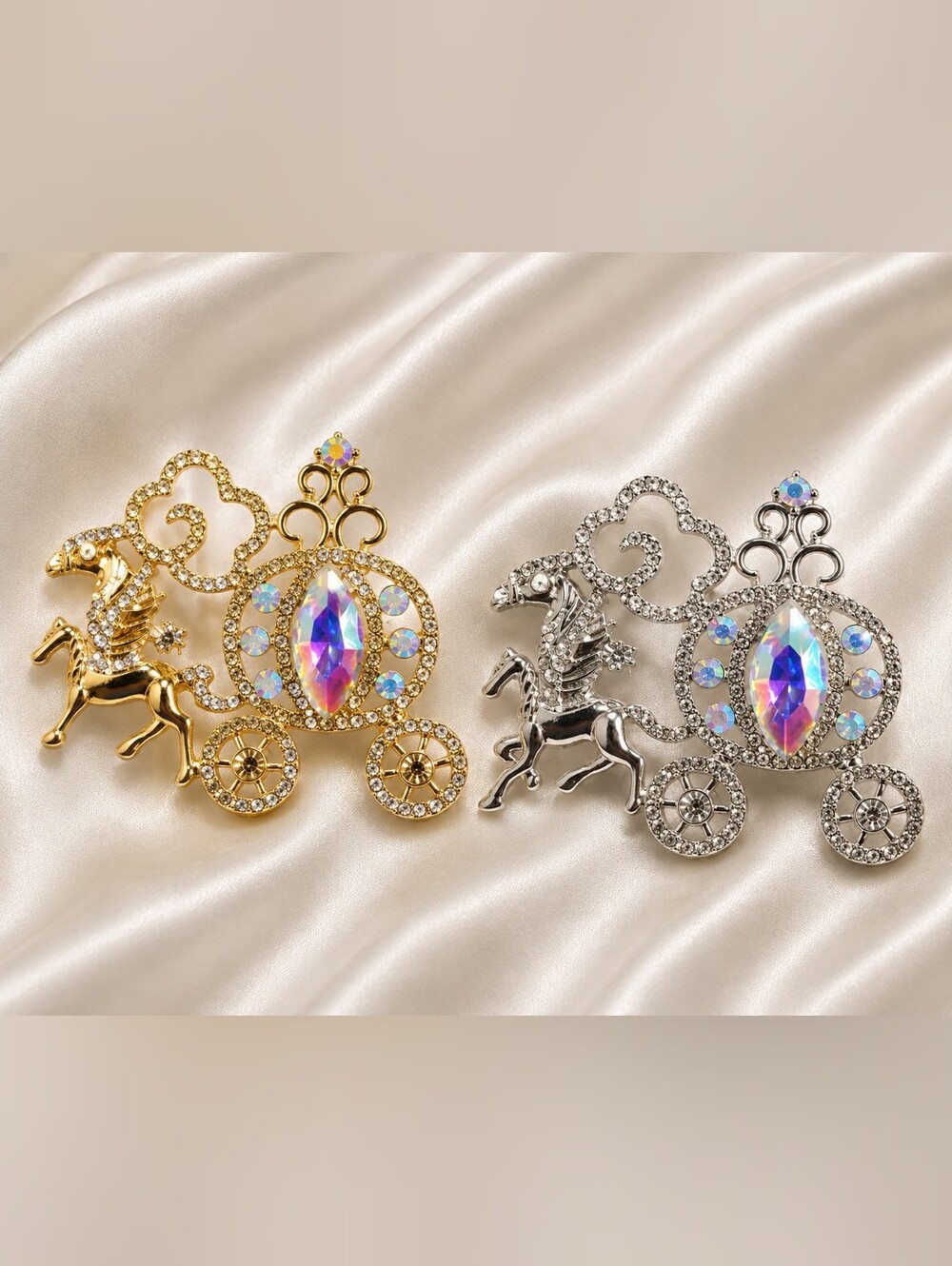 Gold and Silver Fairy Carriage Brooch Set with Iridescent Crystals